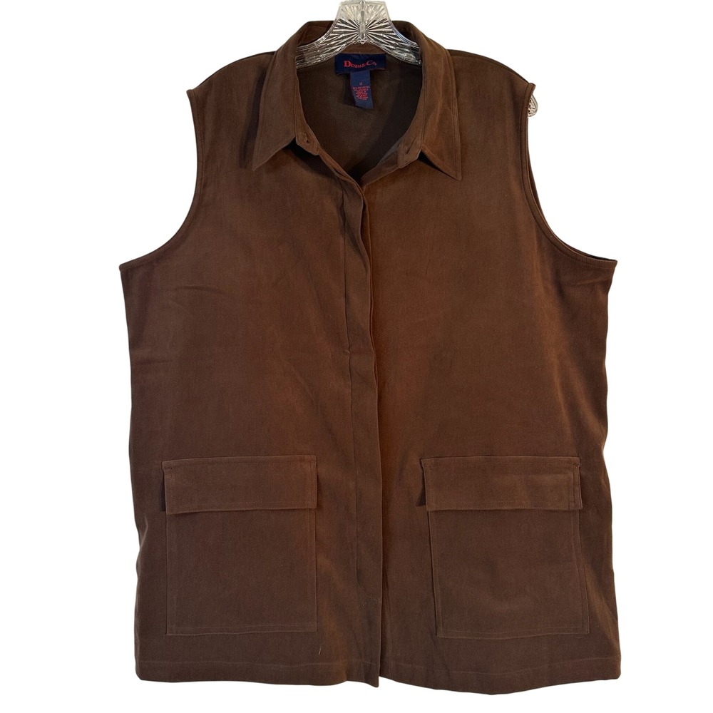 Denim & Co Womens 1X Brown Faux Suede Utility Vest Sleeveless Button Front